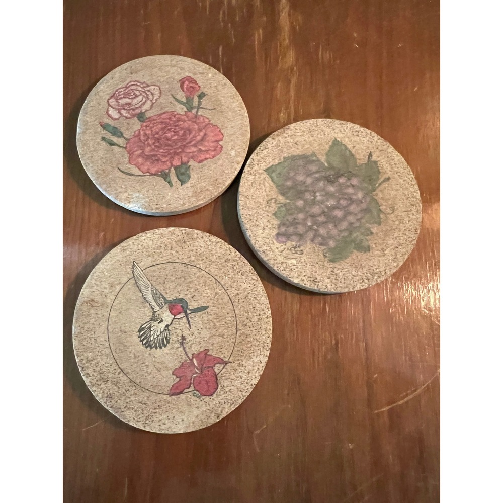 Vintage Stone Coasters Set of 3 Hummingbird Grapes Floral Cork Back